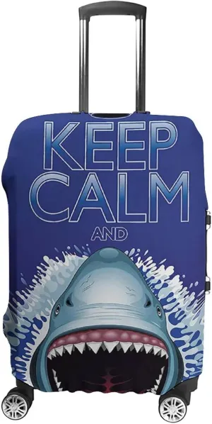 Fashion Suitcase Protector, Animals Travel Suitcase Cover, Keep Calm and Shark Jaws Attack Predators, Fits 30-32 Inch Luggage, Washable Dustproof Anti-Scratch, Blue White