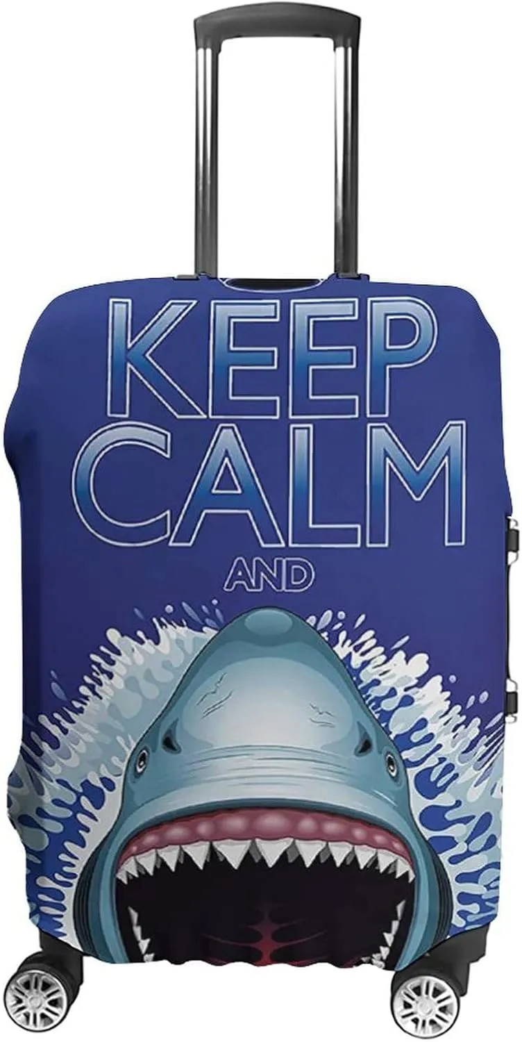 Fashion Suitcase Protector, Animals Travel Suitcase Cover, Keep Calm and Shark Jaws Attack Predators, Fits 30-32 Inch Luggage, Washable Dustproof Anti-Scratch, Blue White