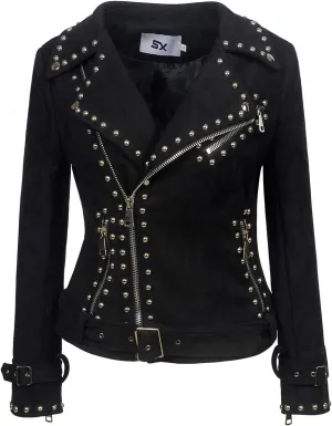 Fashion SX Womens Gothic Faux Suede Leather Jacket Long Sleeve Zipper Short Moto Biker Coat