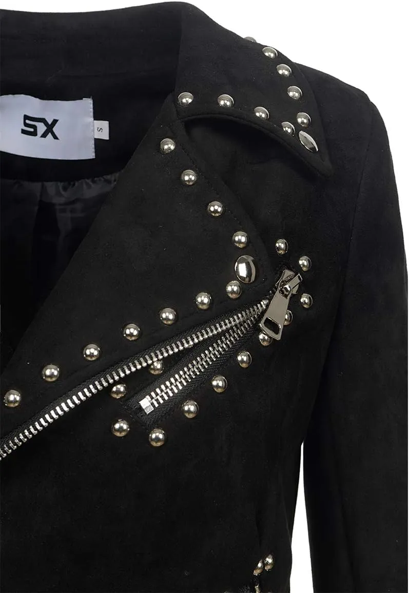 Fashion SX Womens Gothic Faux Suede Leather Jacket Long Sleeve Zipper Short Moto Biker Coat