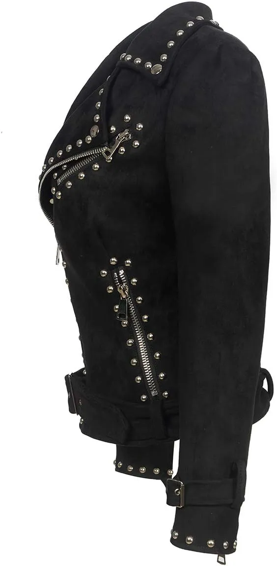 Fashion SX Womens Gothic Faux Suede Leather Jacket Long Sleeve Zipper Short Moto Biker Coat