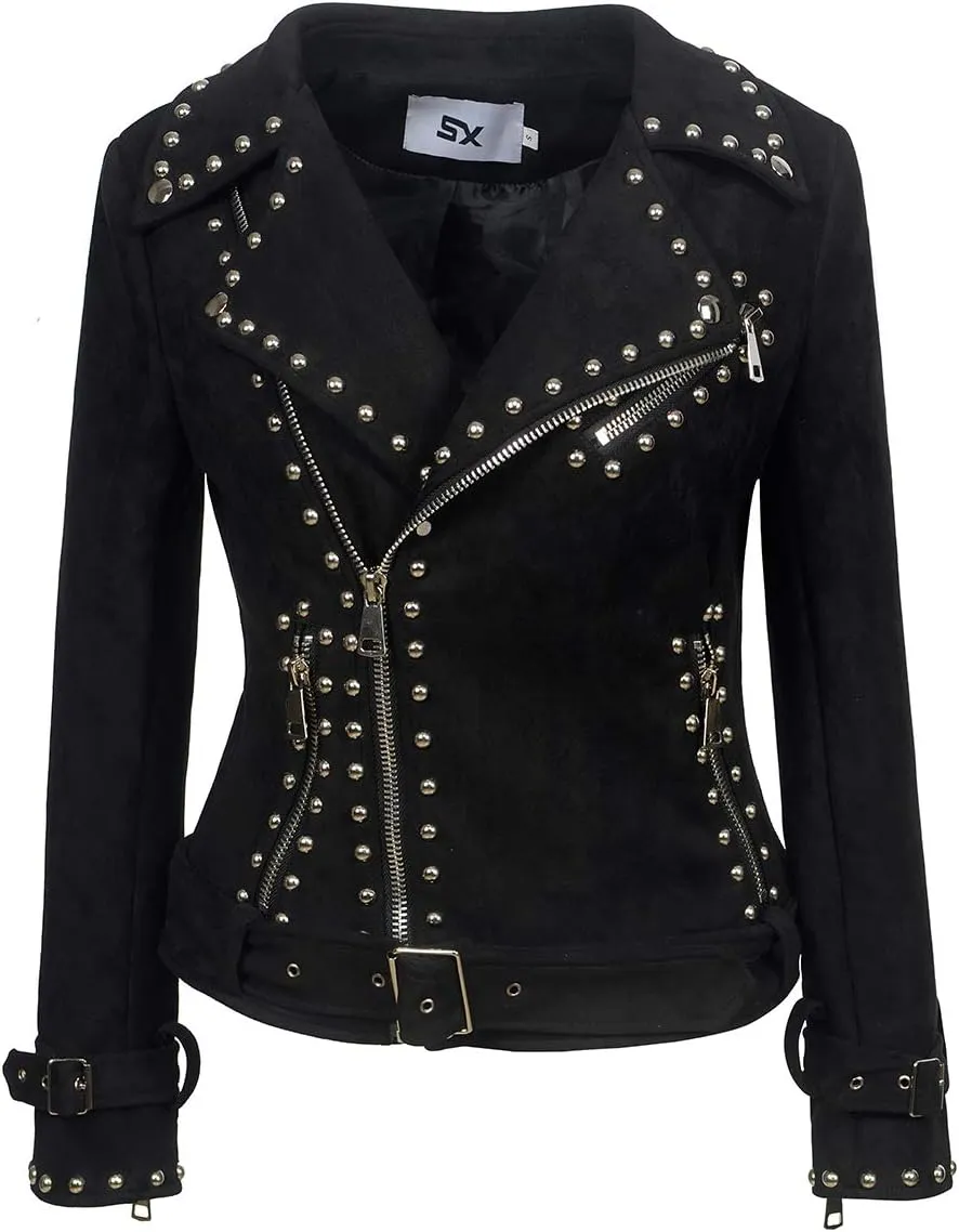 Fashion SX Womens Gothic Faux Suede Leather Jacket Long Sleeve Zipper Short Moto Biker Coat