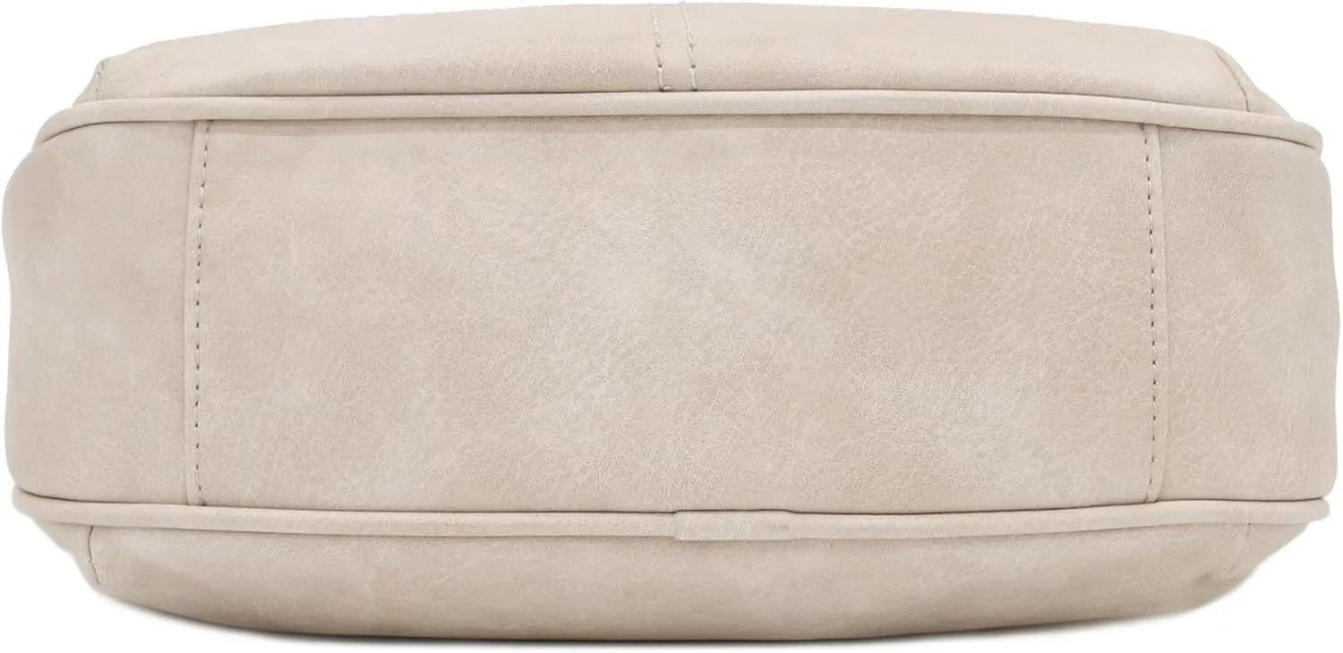 FashionPuzzle Faux Leather Two Front Zipper Pocket Crossbody Saddle Bag (Beige)