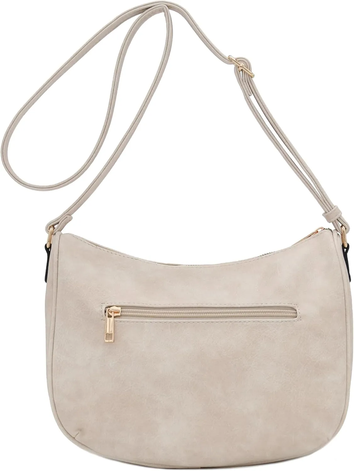 FashionPuzzle Faux Leather Two Front Zipper Pocket Crossbody Saddle Bag (Beige)