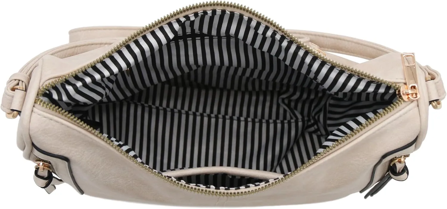 FashionPuzzle Faux Leather Two Front Zipper Pocket Crossbody Saddle Bag (Beige)