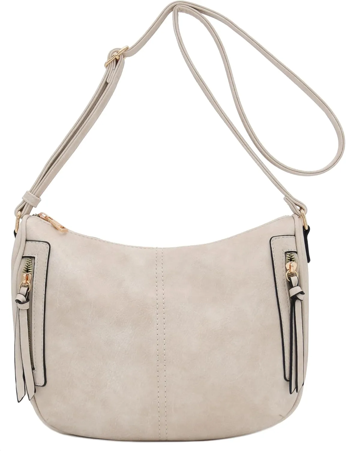 FashionPuzzle Faux Leather Two Front Zipper Pocket Crossbody Saddle Bag (Beige)