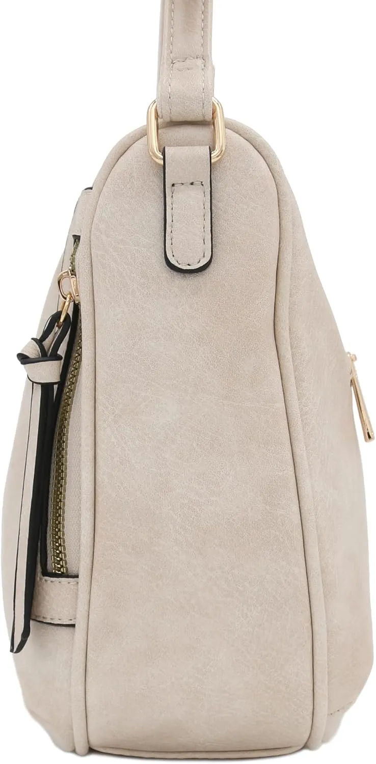FashionPuzzle Faux Leather Two Front Zipper Pocket Crossbody Saddle Bag (Beige)