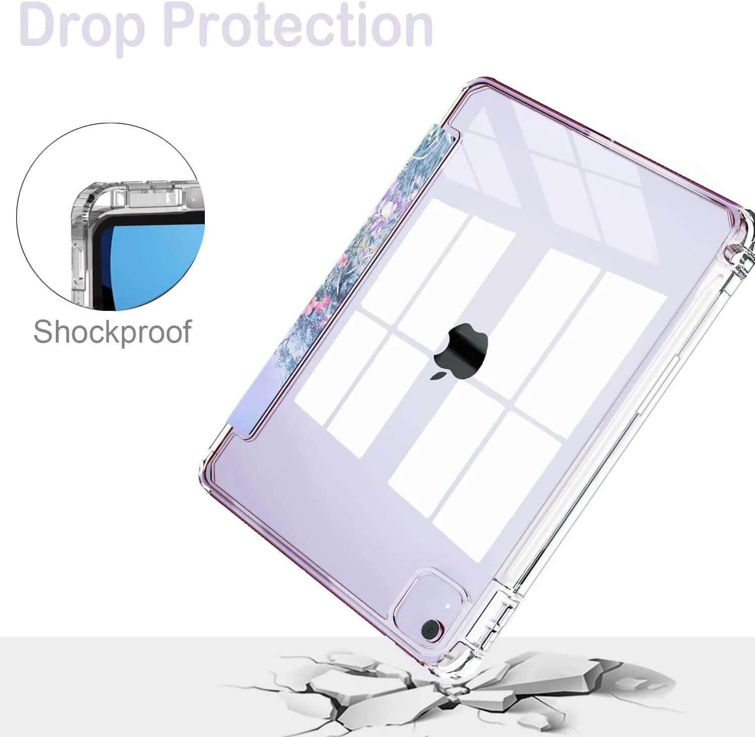 Feams for iPad Air 13 Inch Case M3 2025/M2 2024, Slim iPad Pro 12.9 Inch 6th/5th/4th Generation 2022/2021/2020 Case Clear Back Cover with Auto Sleep & Pencil Holder, Purple Garden