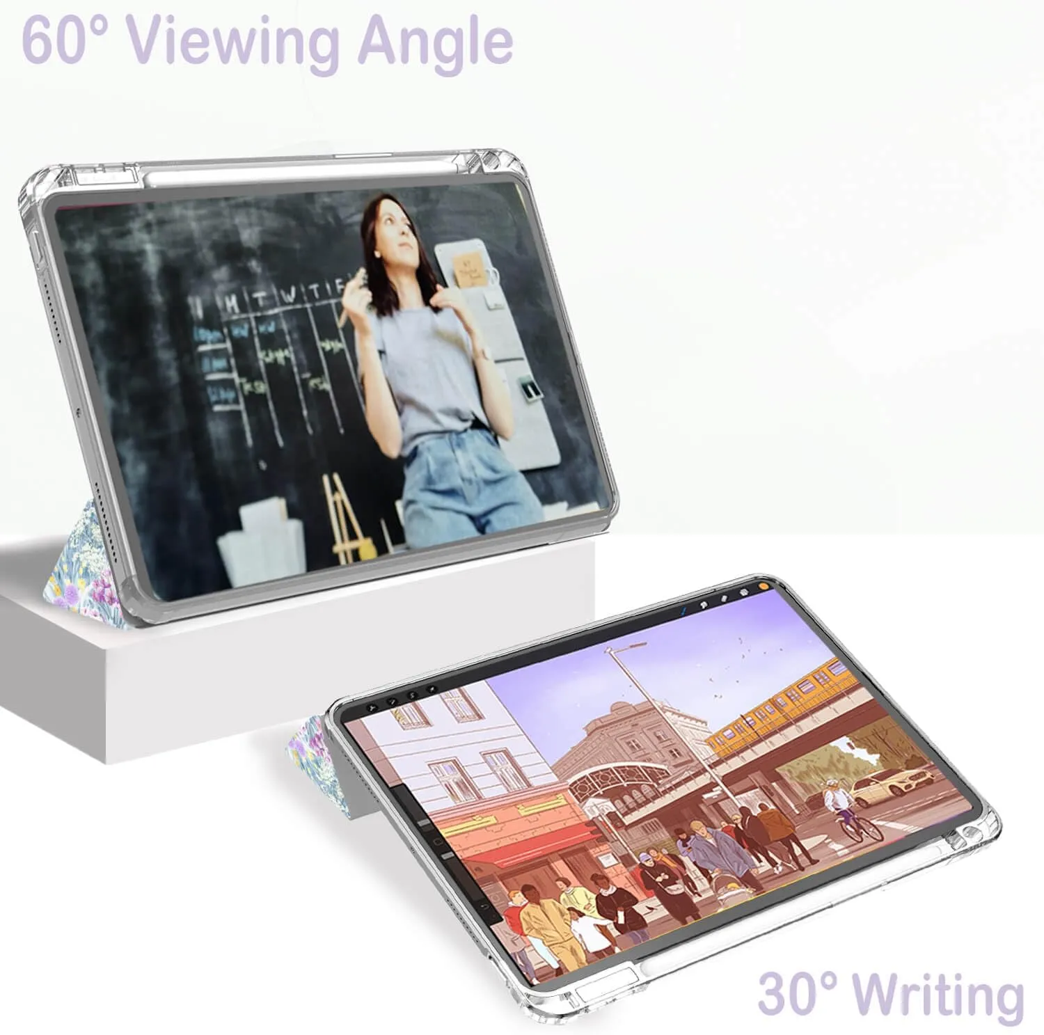 Feams for iPad Air 13 Inch Case M3 2025/M2 2024, Slim iPad Pro 12.9 Inch 6th/5th/4th Generation 2022/2021/2020 Case Clear Back Cover with Auto Sleep & Pencil Holder, Purple Garden
