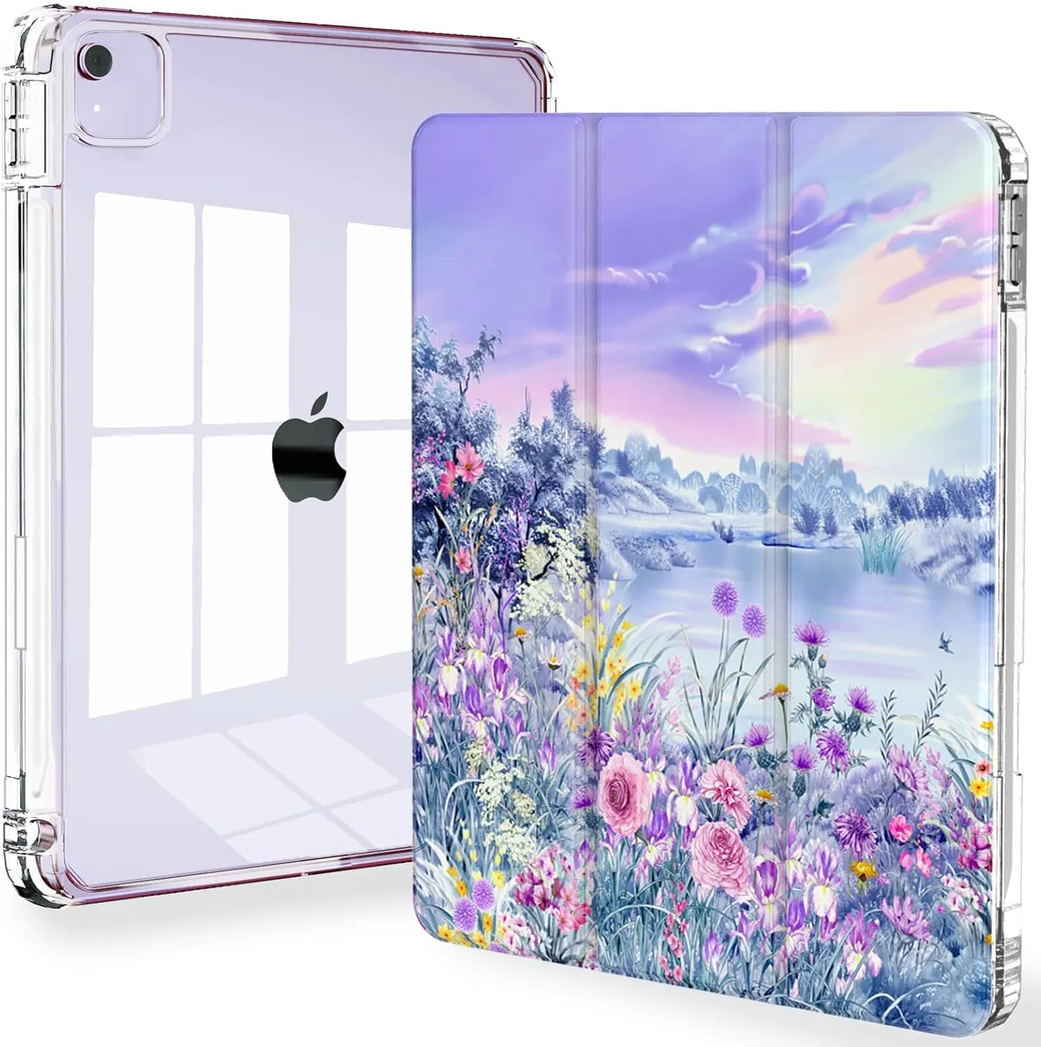 Feams for iPad Air 13 Inch Case M3 2025/M2 2024, Slim iPad Pro 12.9 Inch 6th/5th/4th Generation 2022/2021/2020 Case Clear Back Cover with Auto Sleep & Pencil Holder, Purple Garden