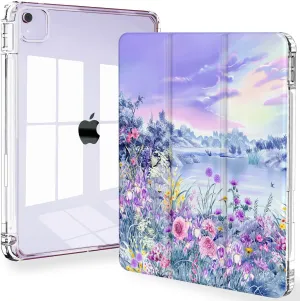 Feams for iPad Air 13 Inch Case M3 2025/M2 2024, Slim iPad Pro 12.9 Inch 6th/5th/4th Generation 2022/2021/2020 Case Clear Back Cover with Auto Sleep & Pencil Holder, Purple Garden