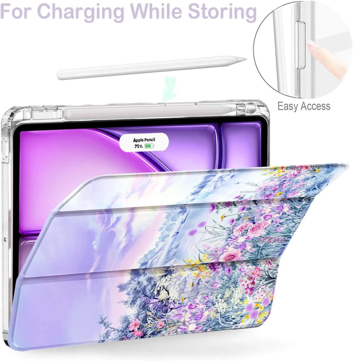 Feams for iPad Air 13 Inch Case M3 2025/M2 2024, Slim iPad Pro 12.9 Inch 6th/5th/4th Generation 2022/2021/2020 Case Clear Back Cover with Auto Sleep & Pencil Holder, Purple Garden