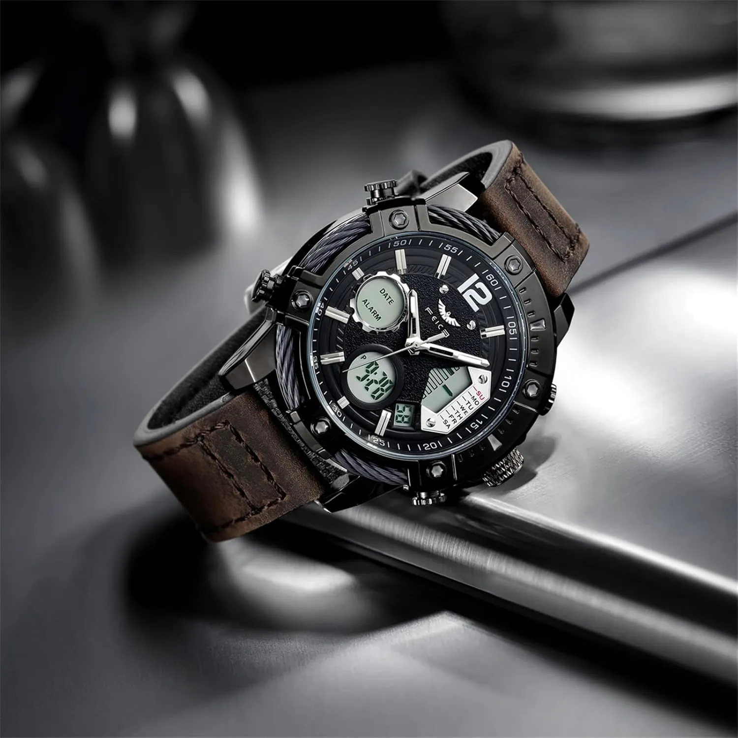 FEICE Men's Chronograph Sport Watch Japanese Quartz Analog-Digital Waterproof Watches Multifunctional Luminescent Industrial Style Punk Watch