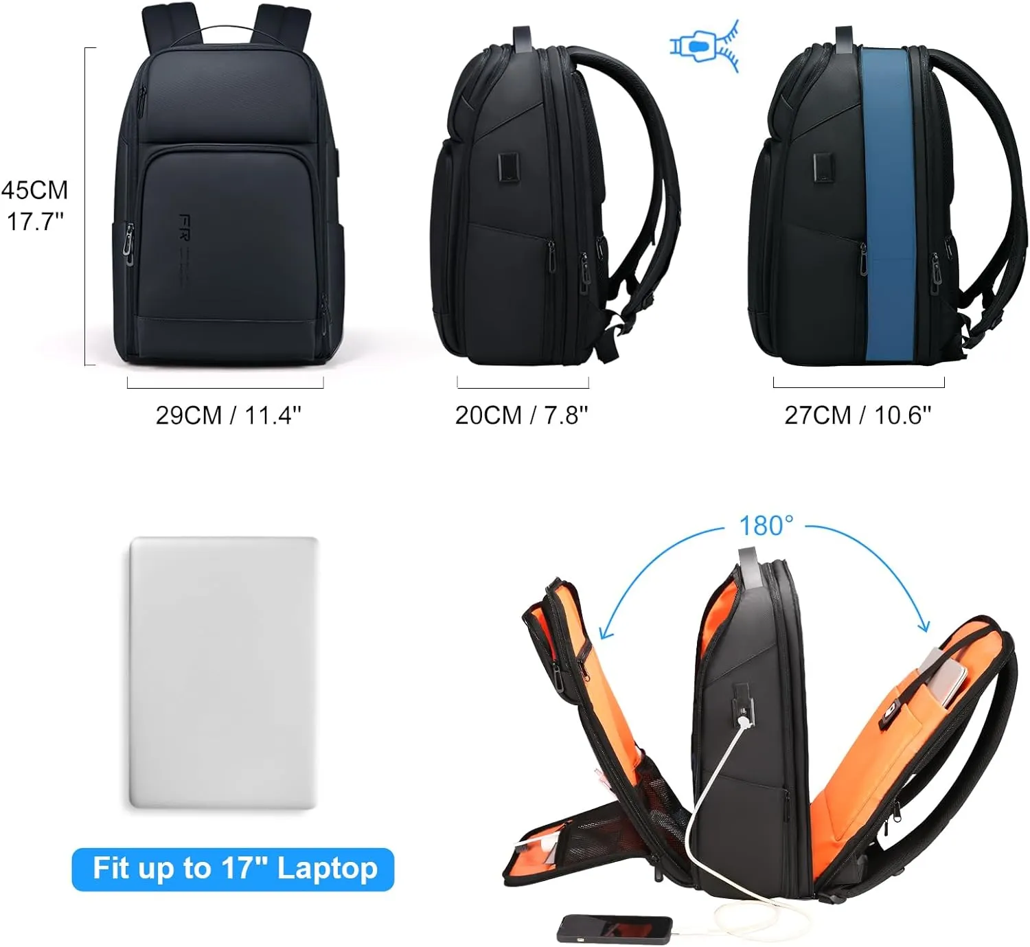 FENRUIEN 17 Inch Travel Backpack for Men, Expandable Water Resistant Computer Backpack with USB Port, Black Laptop Bag for Business/College/Work
