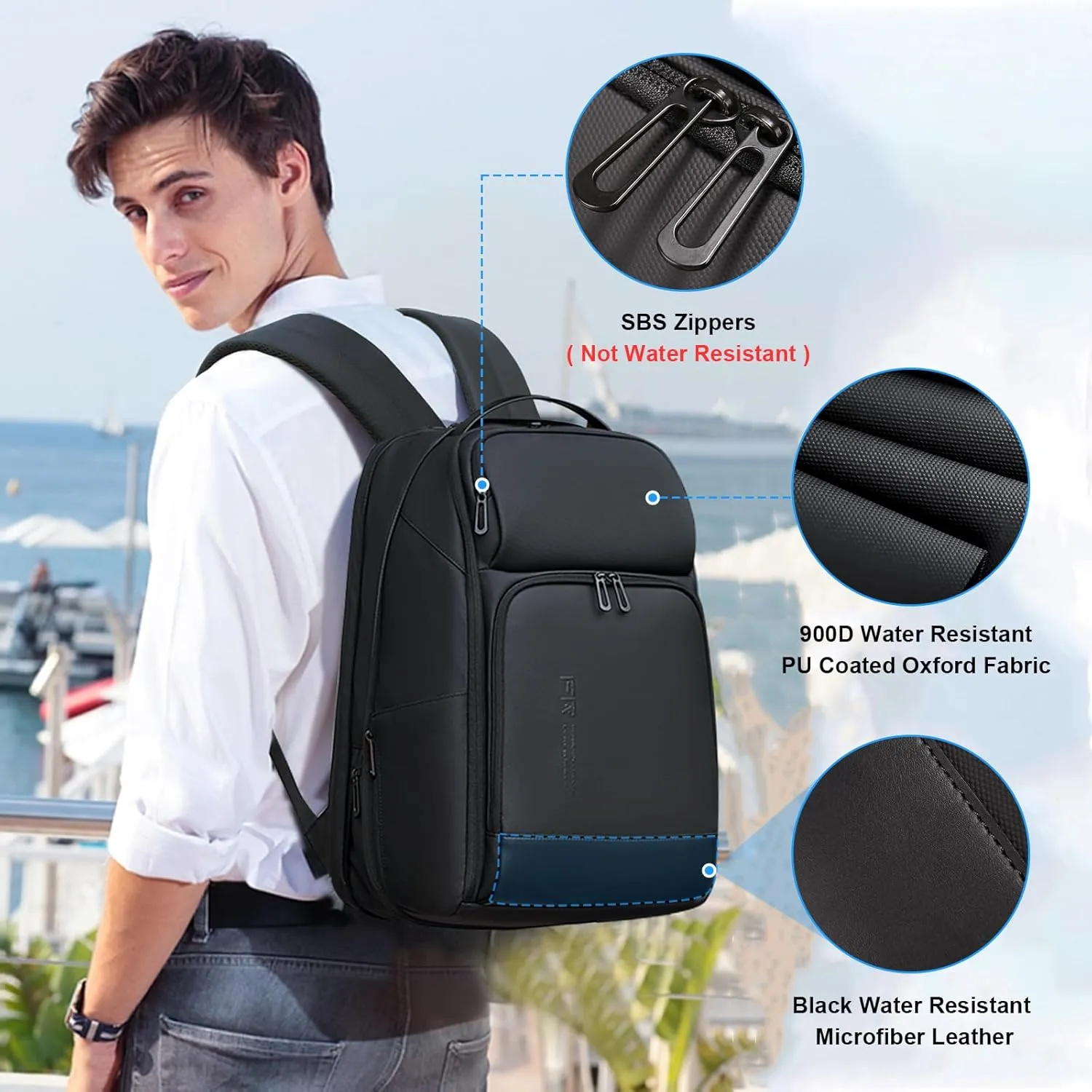 FENRUIEN 17 Inch Travel Backpack for Men, Expandable Water Resistant Computer Backpack with USB Port, Black Laptop Bag for Business/College/Work