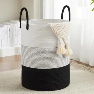 Fiona's magic Cotton Rope Laundry Hamper, Tall Woven Laundry Basket Storage, Baby Nursery Hamper for Blankets, Toys and Clothes Hamper for Bedroom and Living Room Organizing, 72L, Black & White