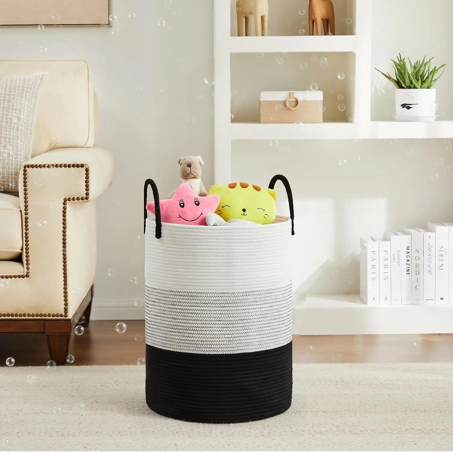 Fiona's magic Cotton Rope Laundry Hamper, Tall Woven Laundry Basket Storage, Baby Nursery Hamper for Blankets, Toys and Clothes Hamper for Bedroom and Living Room Organizing, 72L, Black & White