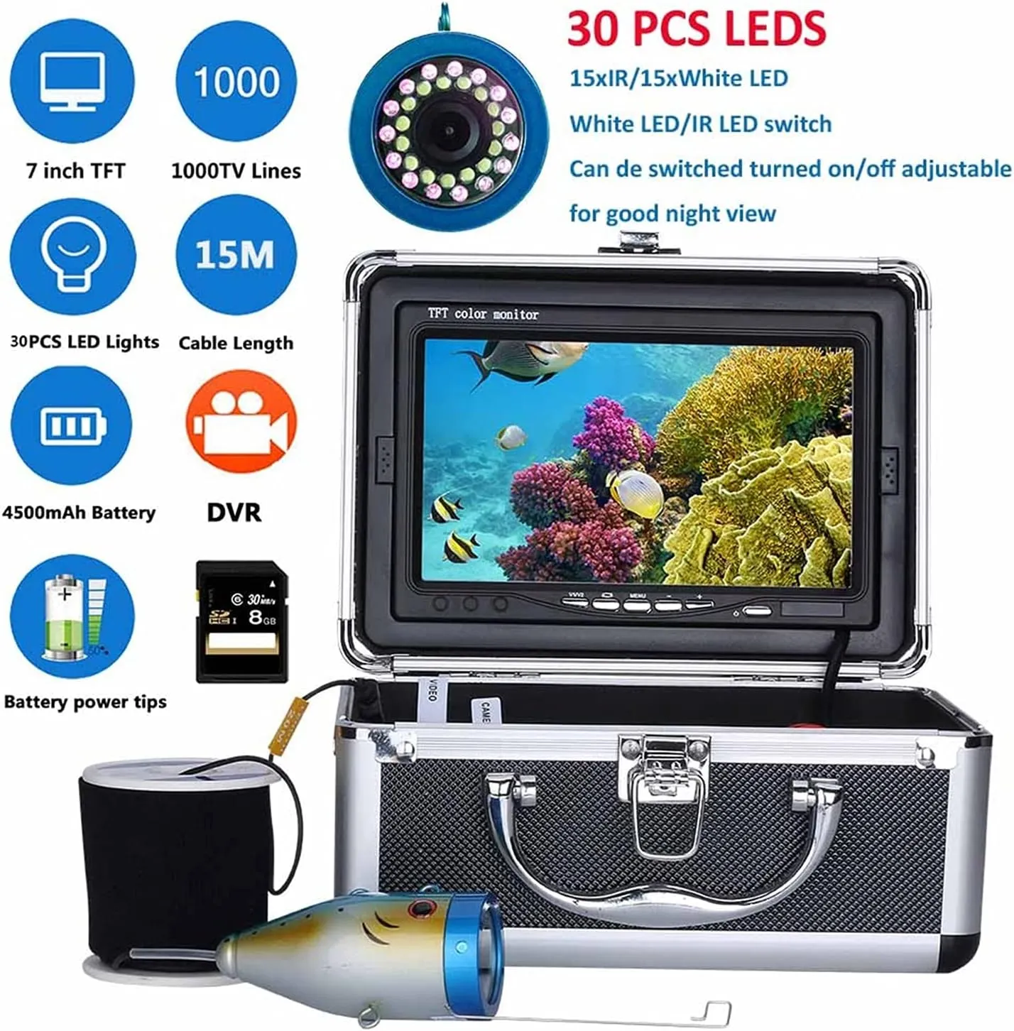 Fishing Camera, 7" inch 15M 30M 1000TVL Fish Finder Underwater Fishing Camera with DVR Record 8G 15 White Led   15 Infrared Lights for ICE/SEA(F007MD-30LWIR-15M)