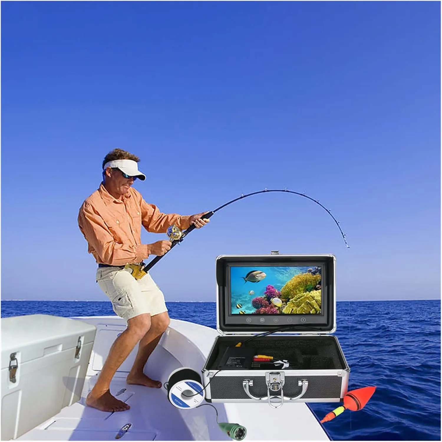 Fishing Camera, Underwater Fishing Camera Kit 9inch Color Monitor 10M/20M/30M 1000TVL with 6 PCS White Lights Fishfinder for Ice/Sea Fishing(03AJ White 10M)