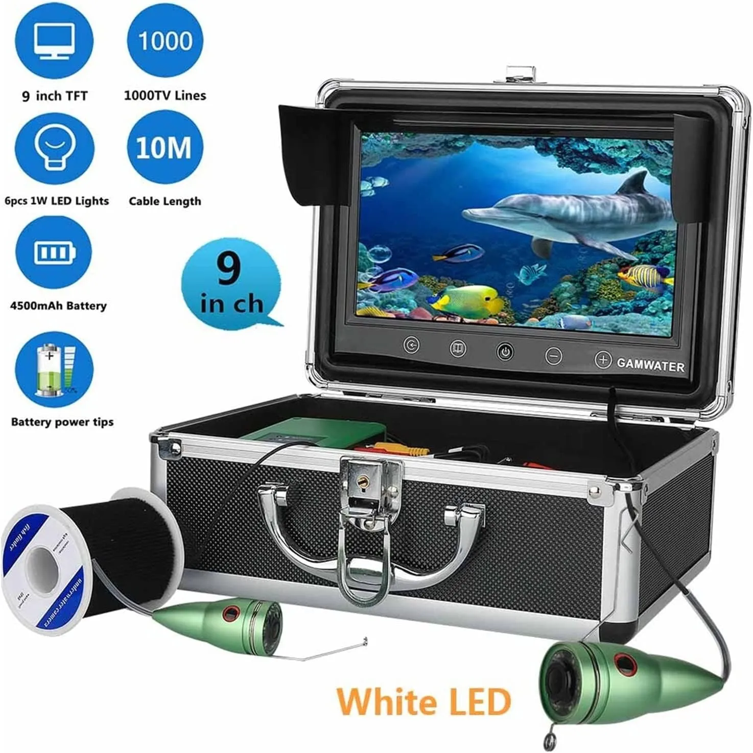 Fishing Camera, Underwater Fishing Camera Kit 9inch Color Monitor 10M/20M/30M 1000TVL with 6 PCS White Lights Fishfinder for Ice/Sea Fishing(03AJ White 10M)