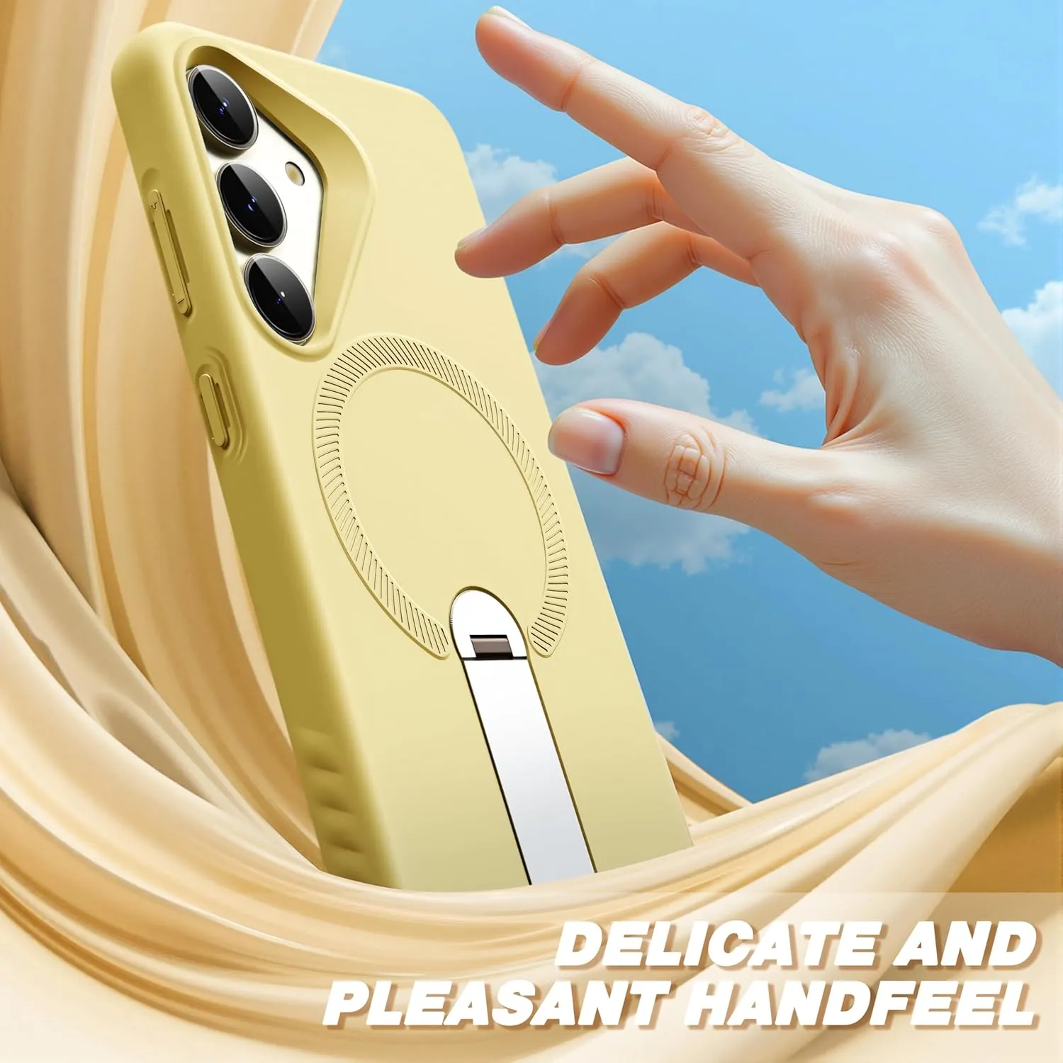 FITO for Samsung Galaxy S25 Plus Case [ Rotatable Kickstand | Soft Anti-Scratch Microfiber Lining | Compatible with MagSafe] Silicone Phone Cover - Yellow