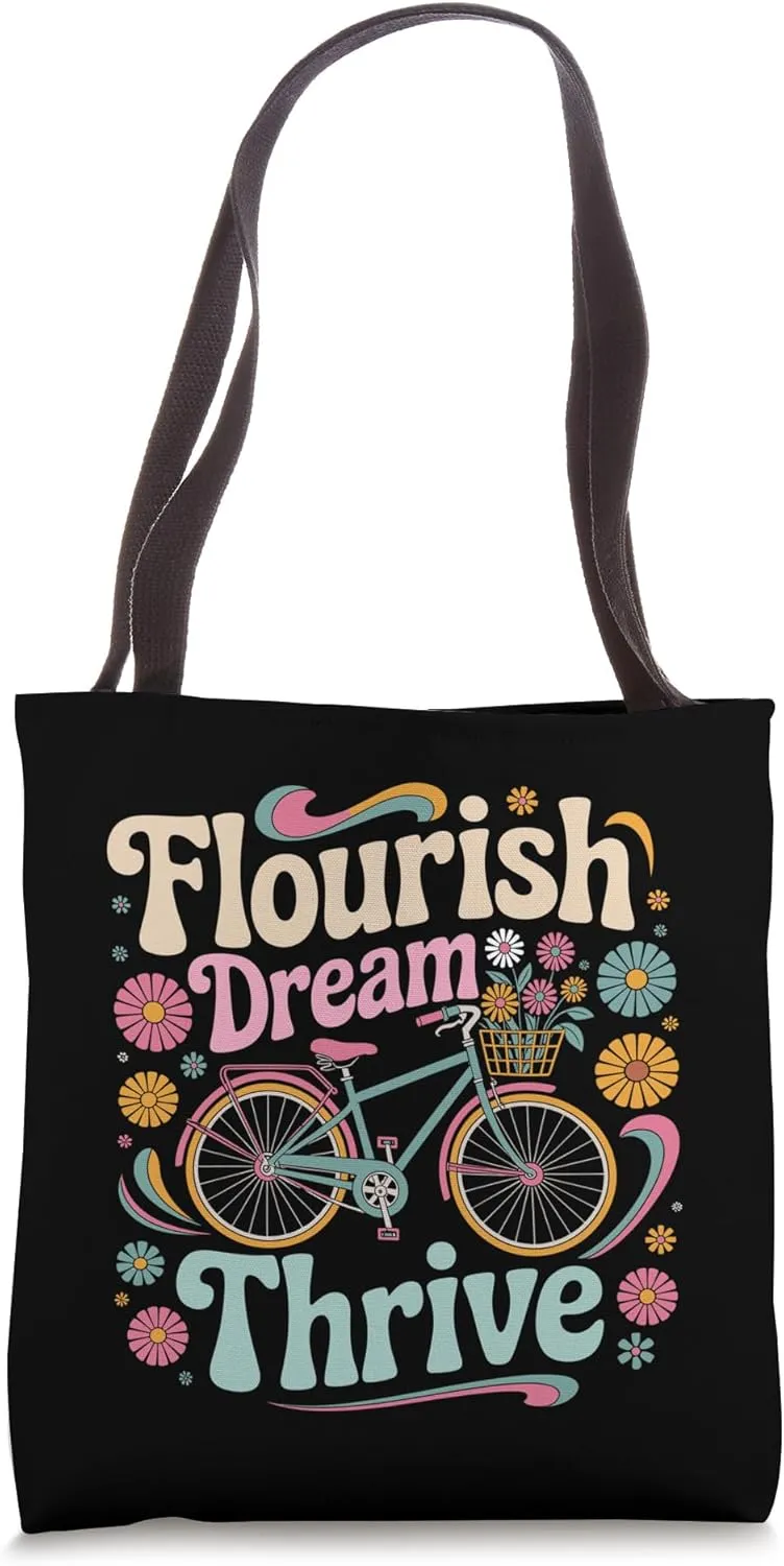 Flourish Dream Thrive Bicycle Floral Inspirational Quote Tote Bag