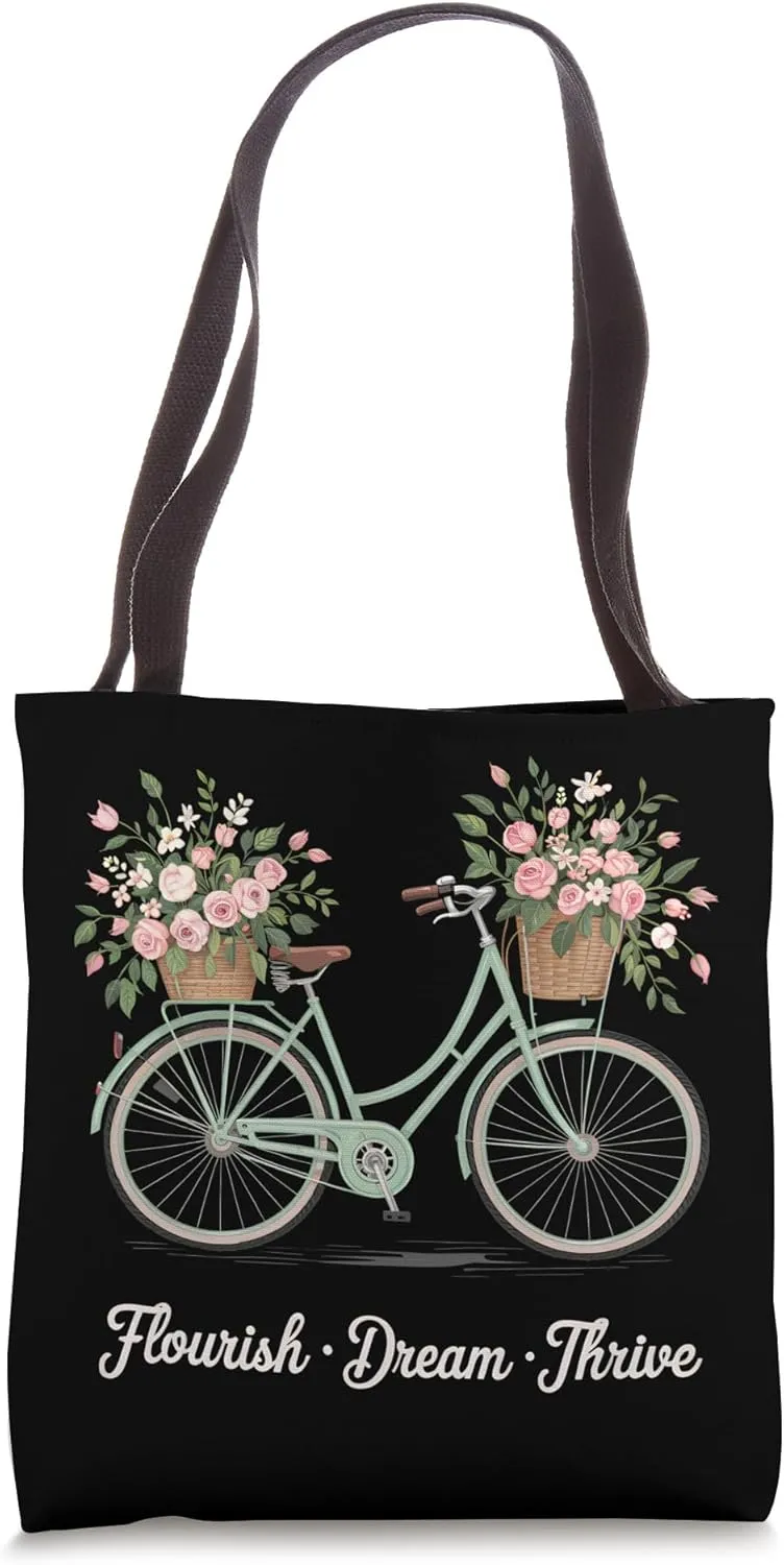 Flourish Dream Thrive Floral Bicycle Design Tote Bag