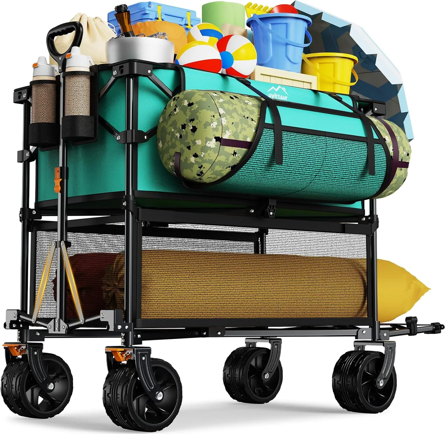 Foldable 50''L Extra Long Double Decker Wagon for Sport, 400L Collapsible Heavy Duty Wagon Cart with Big Wheels, Utility All-Terrain Large Extender Cart for Outdoors, Light Blue