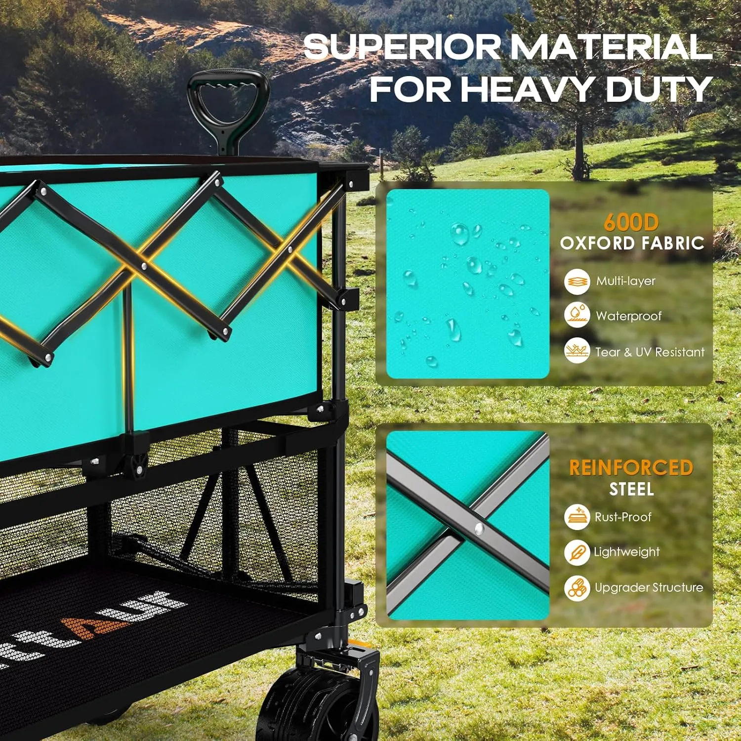 Foldable 50''L Extra Long Double Decker Wagon for Sport, 400L Collapsible Heavy Duty Wagon Cart with Big Wheels, Utility All-Terrain Large Extender Cart for Outdoors, Light Blue