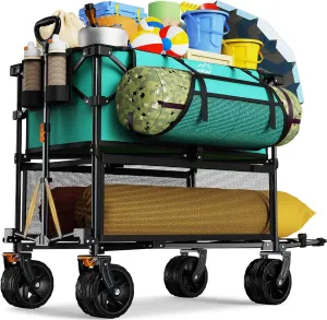 Foldable 50''L Extra Long Double Decker Wagon for Sport, 400L Collapsible Heavy Duty Wagon Cart with Big Wheels, Utility All-Terrain Large Extender Cart for Outdoors, Light Blue