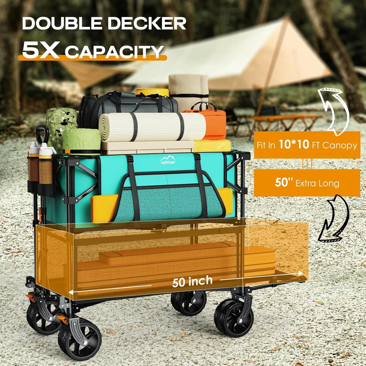 Foldable 50''L Extra Long Double Decker Wagon for Sport, 400L Collapsible Heavy Duty Wagon Cart with Big Wheels, Utility All-Terrain Large Extender Cart for Outdoors, Light Blue