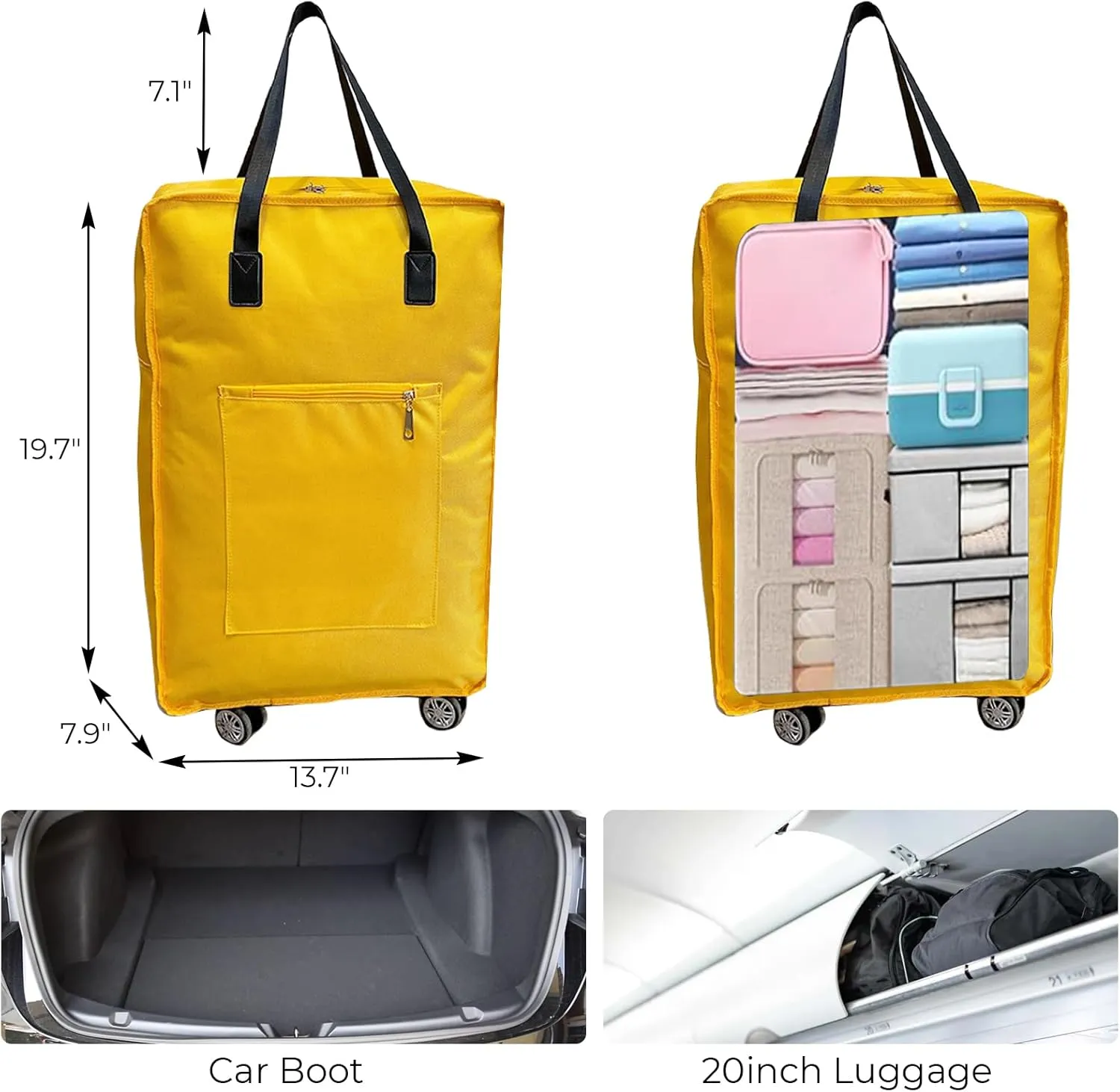Foldable Duffel Bag with Wheels Rolling Duffle Bag Luggage Bag Carry on Bag Lightweight Suitcases, Yellow