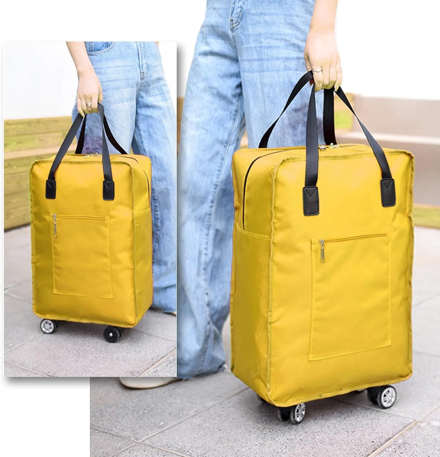 Foldable Duffel Bag with Wheels Rolling Duffle Bag Luggage Bag Carry on Bag Lightweight Suitcases, Yellow