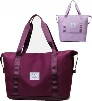 Foldable Travel Bag Expandable, Wealthyn High-Capacity Double-Layer Wet Separation Travelling Bag (Dark Purple)