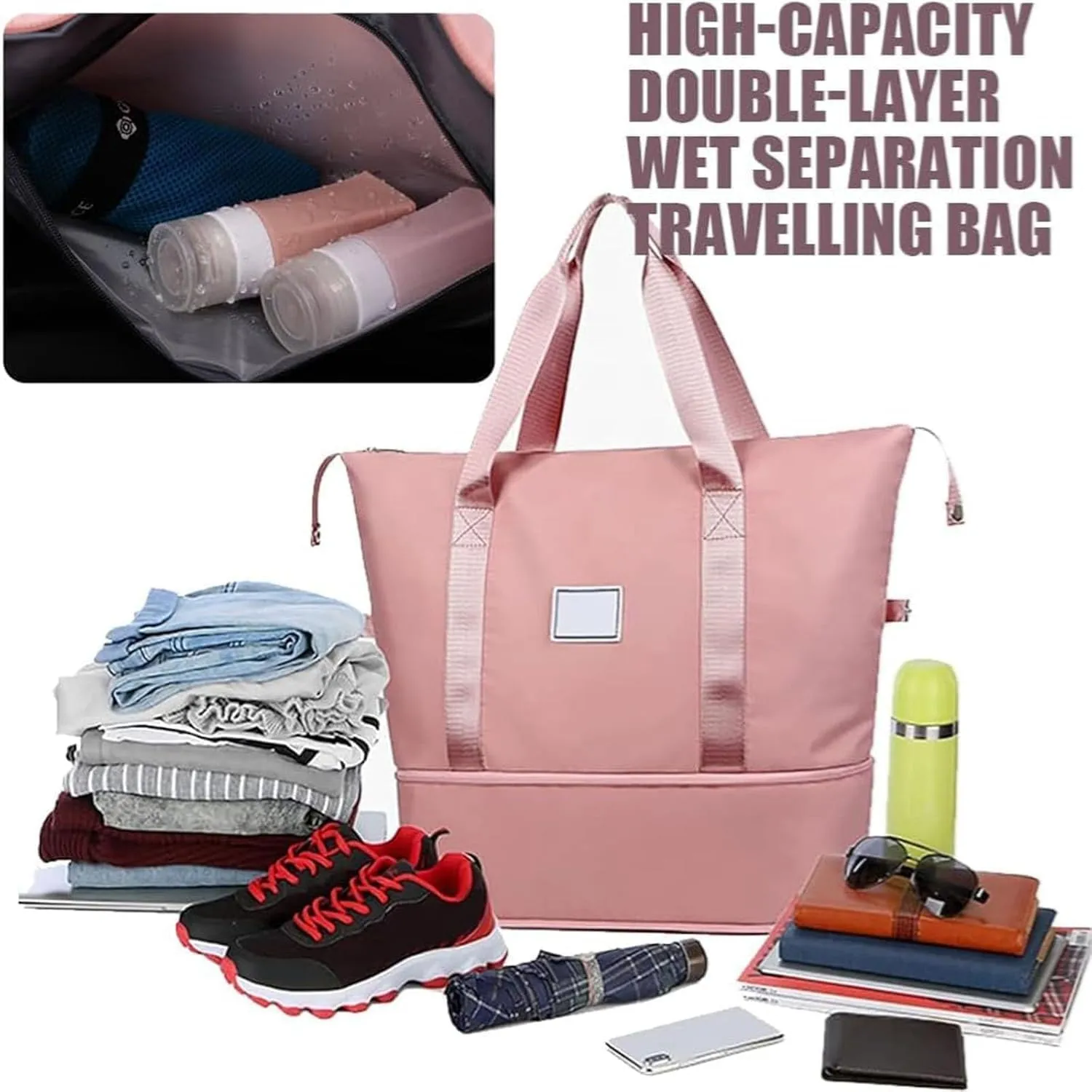 Foldable Travel Bag Expandable, Wealthyn High-Capacity Double-Layer Wet Separation Travelling Bag (Dark Purple)