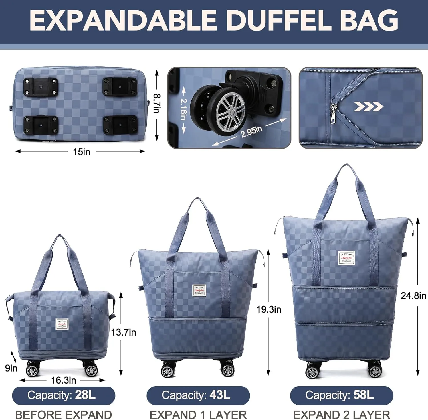 Foldable Travel Duffel Bag, Expandable Duffle Bag with Wheels, Lightweight Luggage Bags for Travel Carry on, Women Large Expandable Foldable Travel Bags Organizer for Luggage