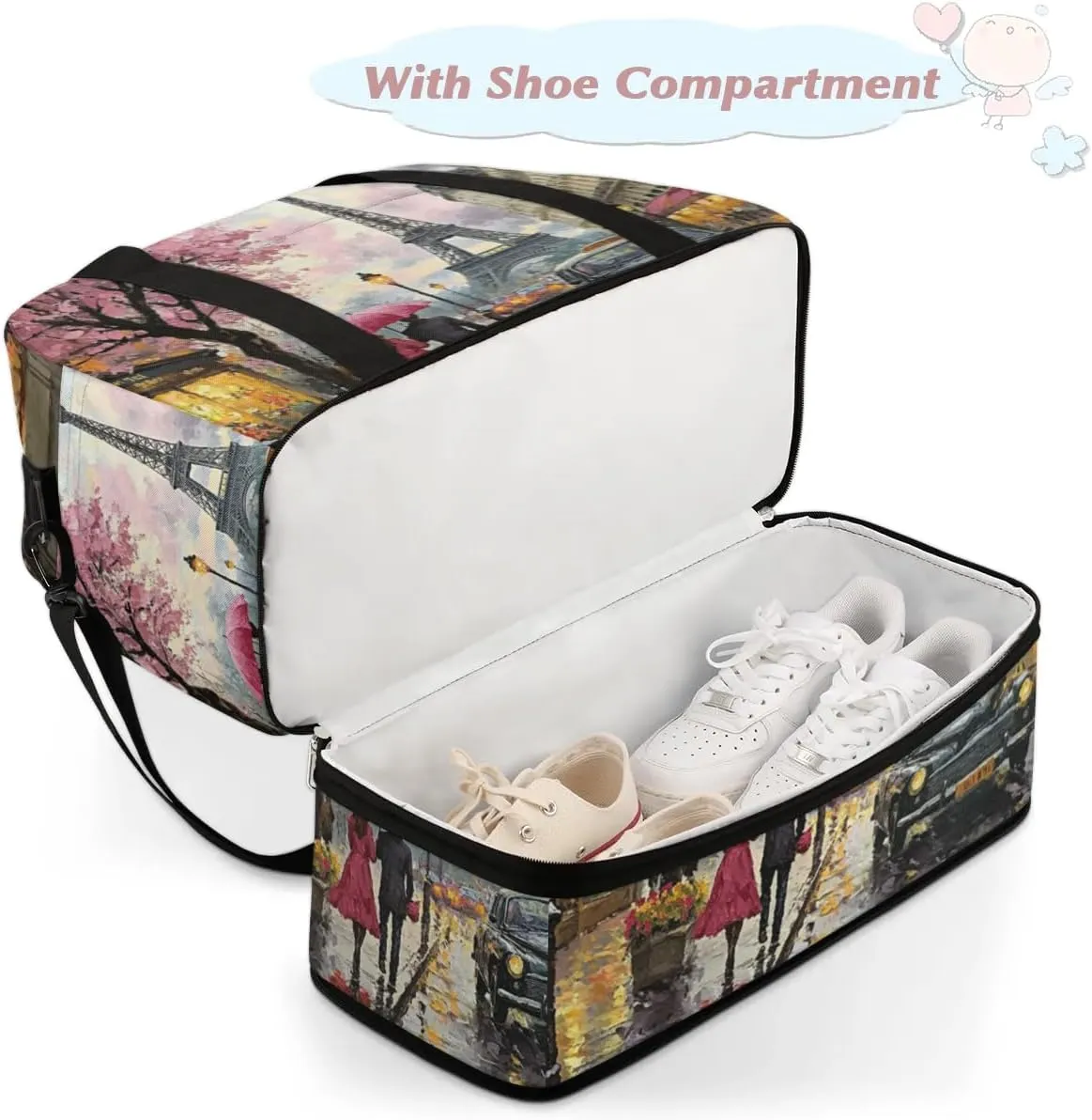 Foldable Travel Duffel Bag, Expandable Weekender Overnight Carry on Bags with Shoe Compartment Sport Tote Gym Luggage for Women Men, Paris Eiffel Tower