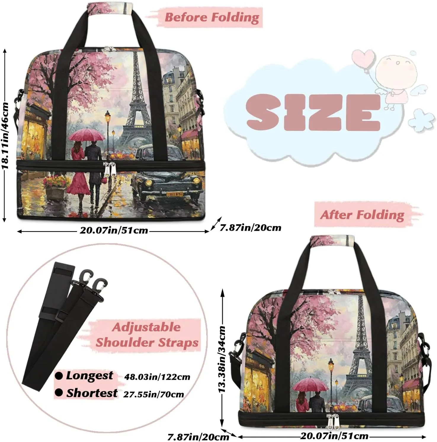 Foldable Travel Duffel Bag, Expandable Weekender Overnight Carry on Bags with Shoe Compartment Sport Tote Gym Luggage for Women Men, Paris Eiffel Tower