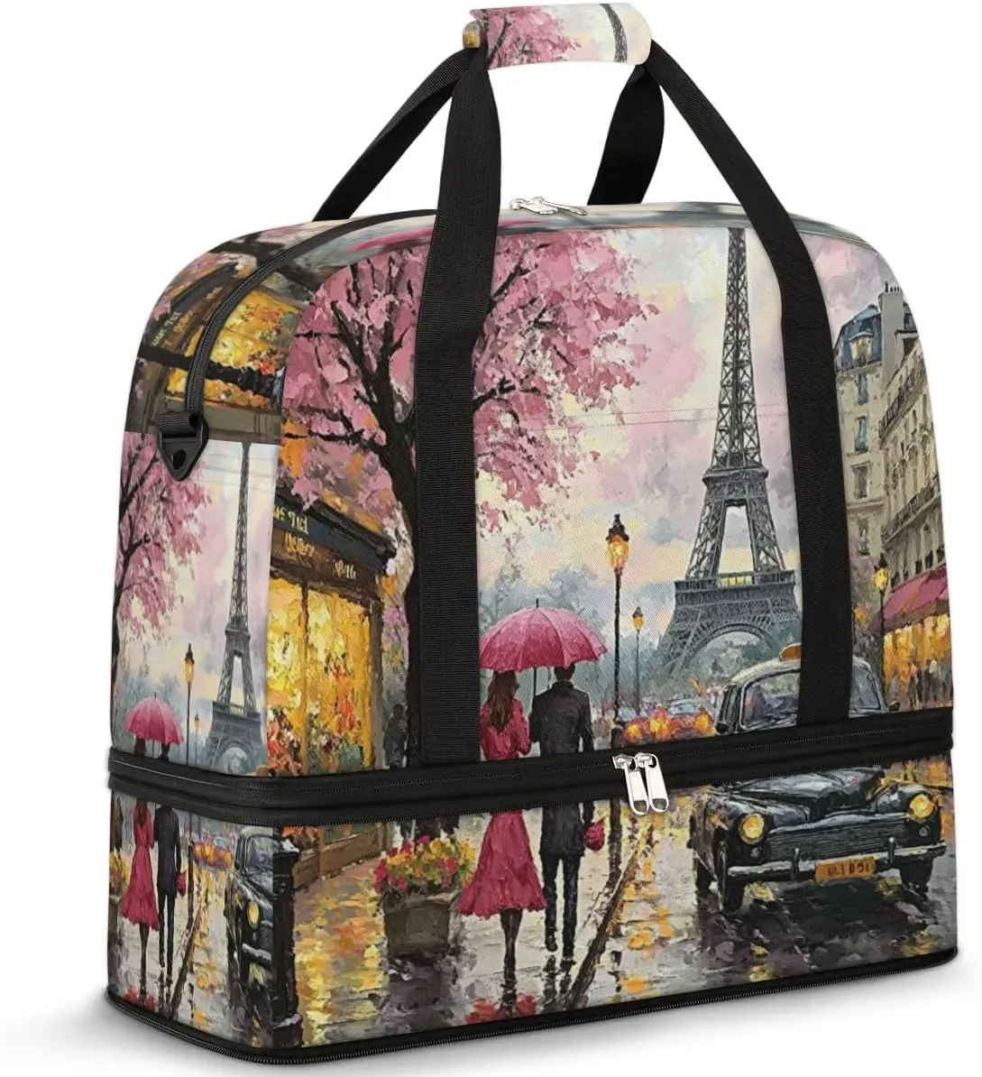 Foldable Travel Duffel Bag, Expandable Weekender Overnight Carry on Bags with Shoe Compartment Sport Tote Gym Luggage for Women Men, Paris Eiffel Tower