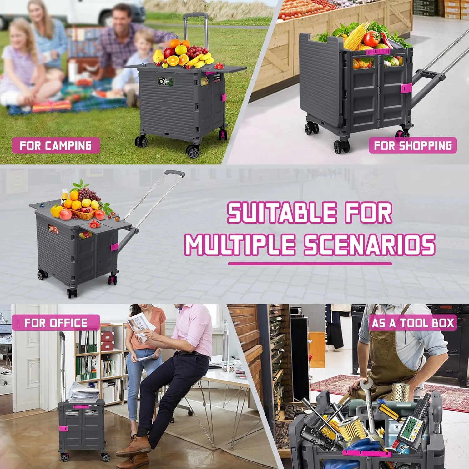Foldable Utility Cart Collapsible Portable Crate Rolling Carts with Magnetic Lid Telescopic Handle Wear-Resistant 360°Rotate Noiseless Swivel Wheel for Shopping Travel Storage Luggage Office (Grey)