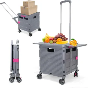 Foldable Utility Cart Collapsible Portable Crate Rolling Carts with Magnetic Lid Telescopic Handle Wear-Resistant 360°Rotate Noiseless Swivel Wheel for Shopping Travel Storage Luggage Office (Grey)