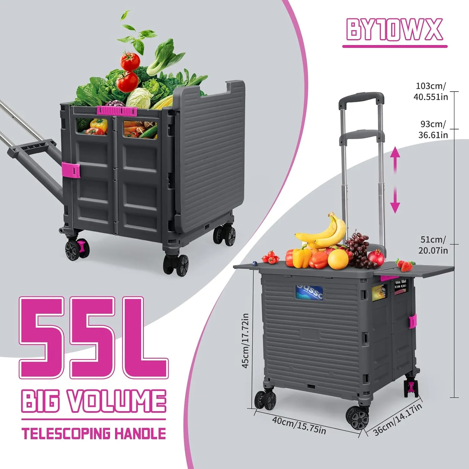 Foldable Utility Cart Collapsible Portable Crate Rolling Carts with Magnetic Lid Telescopic Handle Wear-Resistant 360°Rotate Noiseless Swivel Wheel for Shopping Travel Storage Luggage Office (Grey)