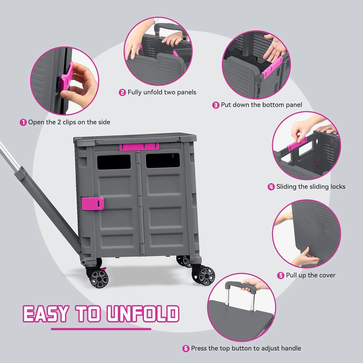 Foldable Utility Cart Collapsible Portable Crate Rolling Carts with Magnetic Lid Telescopic Handle Wear-Resistant 360°Rotate Noiseless Swivel Wheel for Shopping Travel Storage Luggage Office (Grey)