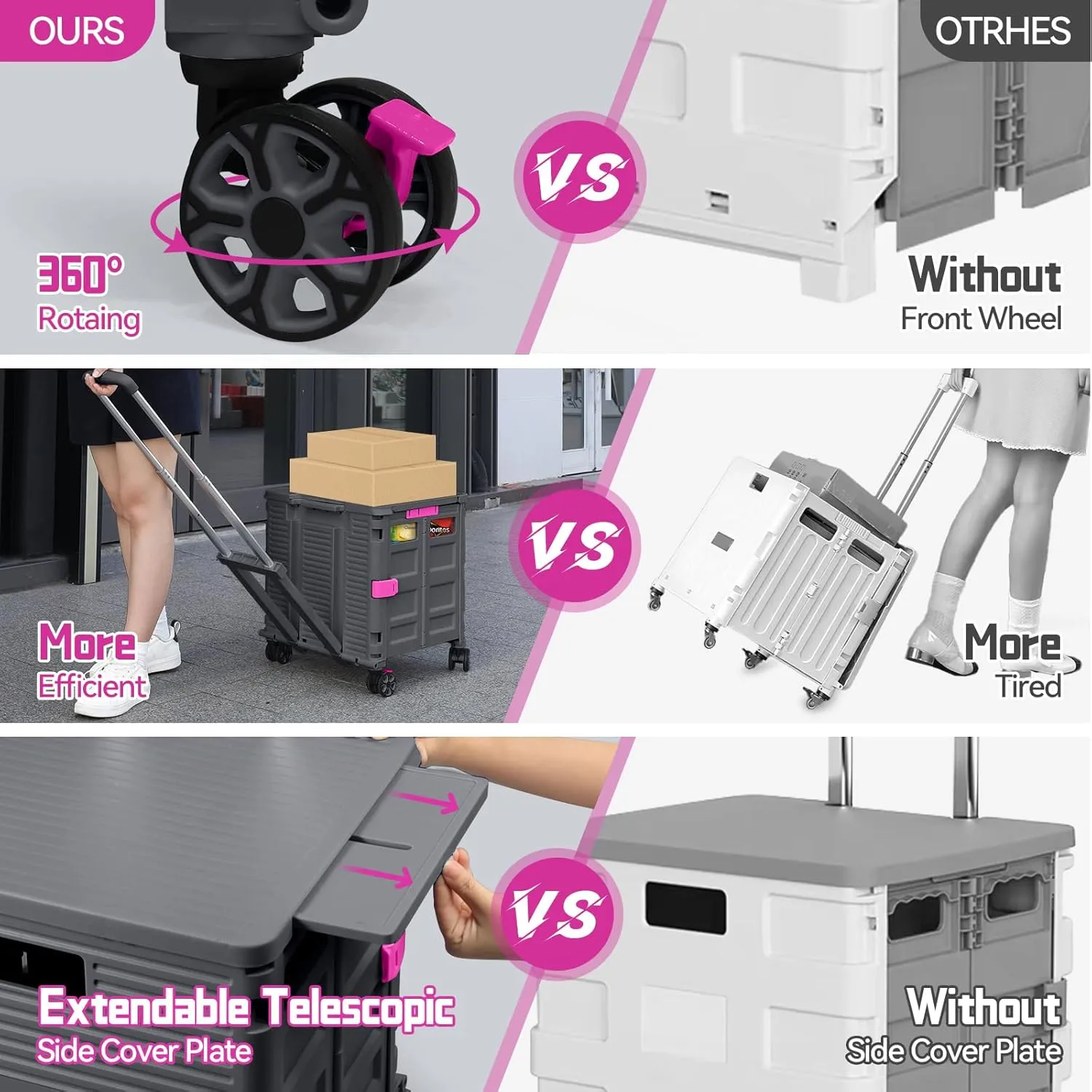 Foldable Utility Cart Collapsible Portable Crate Rolling Carts with Magnetic Lid Telescopic Handle Wear-Resistant 360°Rotate Noiseless Swivel Wheel for Shopping Travel Storage Luggage Office (Grey)