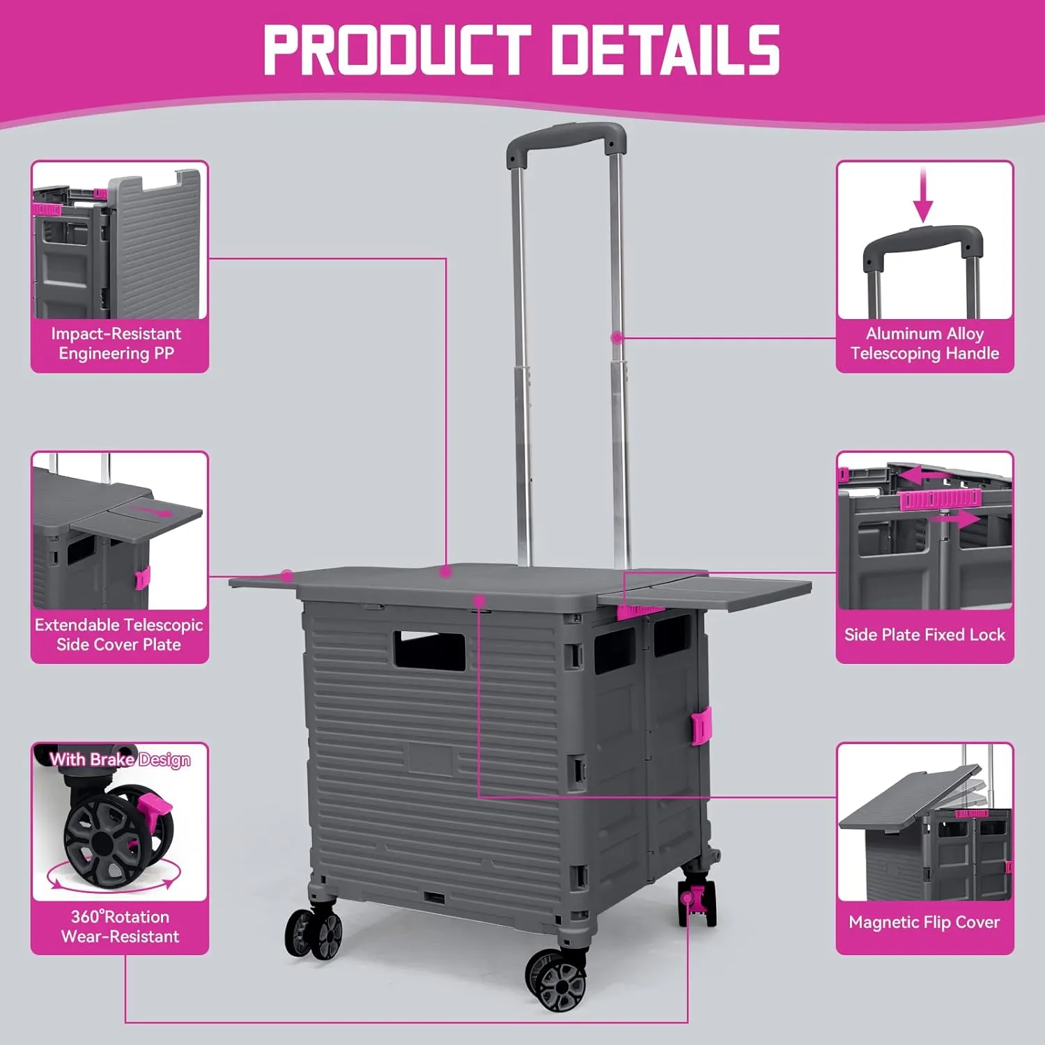 Foldable Utility Cart Collapsible Portable Crate Rolling Carts with Magnetic Lid Telescopic Handle Wear-Resistant 360°Rotate Noiseless Swivel Wheel for Shopping Travel Storage Luggage Office (Grey)