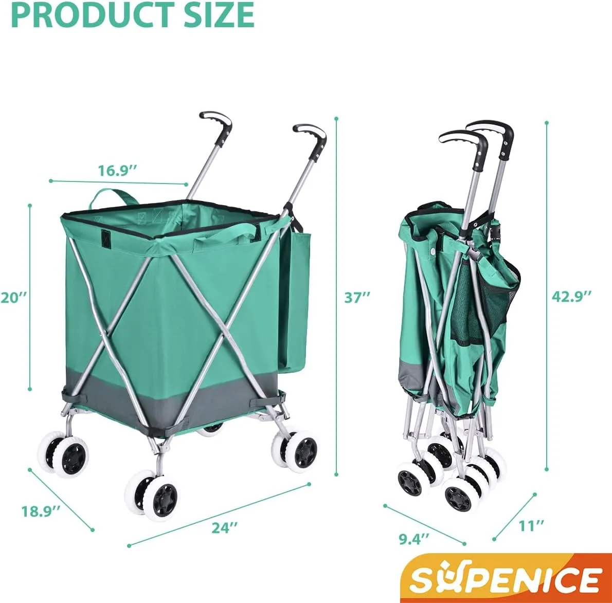 Folding Grocery Shopping Cart with 360° Double Front Swivel Wheels Waterproof Removable Oxford Cloth Liner Heavy Duty Canvas with Cover Lightweight Utility Cart for Laundry - Holds Up to 120 lbs