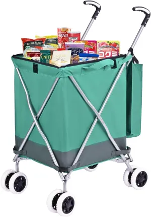 Folding Grocery Shopping Cart with 360° Double Front Swivel Wheels Waterproof Removable Oxford Cloth Liner Heavy Duty Canvas with Cover Lightweight Utility Cart for Laundry - Holds Up to 120 lbs