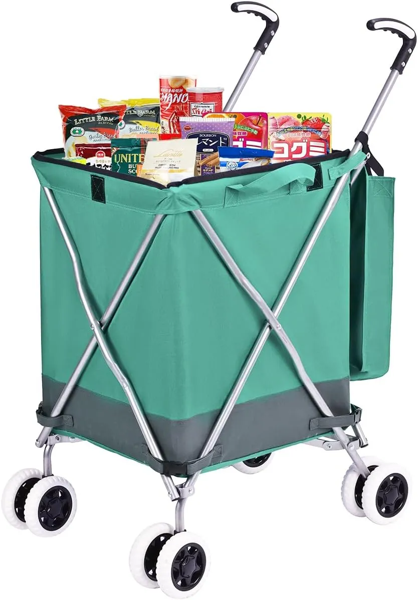 Folding Grocery Shopping Cart with 360° Double Front Swivel Wheels Waterproof Removable Oxford Cloth Liner Heavy Duty Canvas with Cover Lightweight Utility Cart for Laundry - Holds Up to 120 lbs