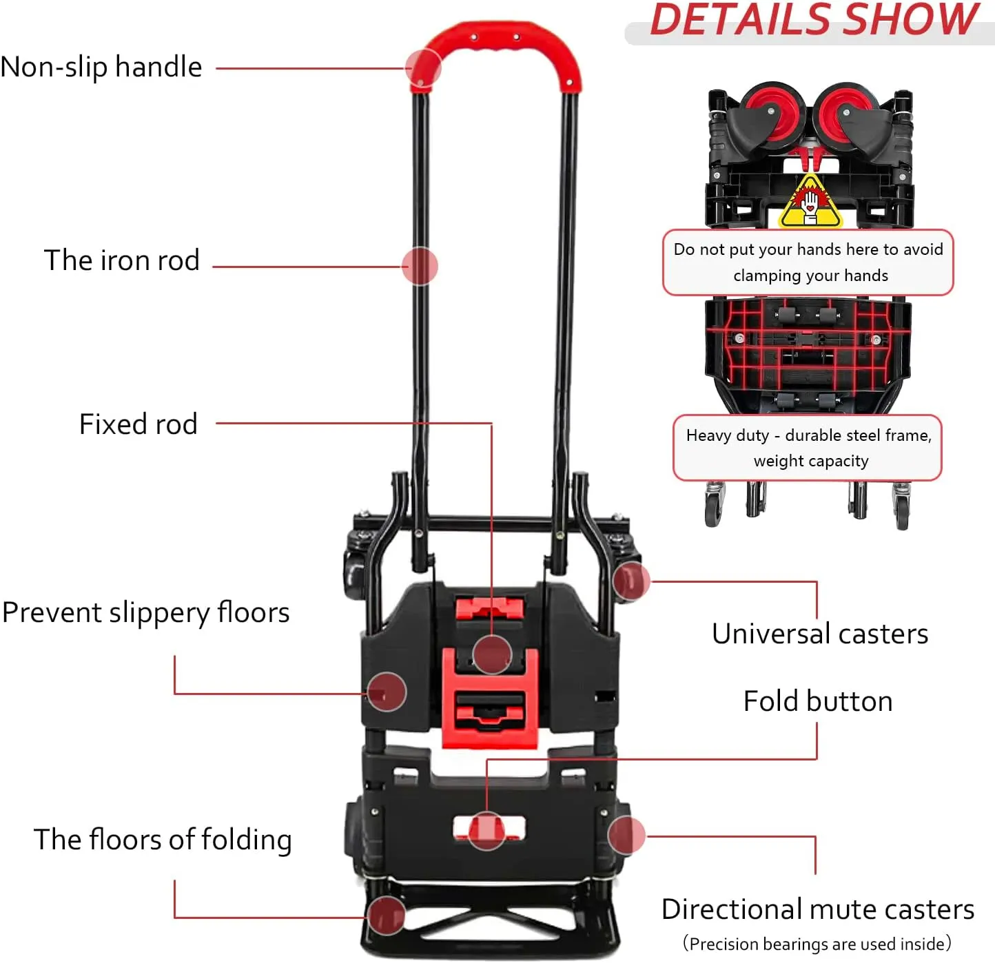 Folding Hand Truck, Portable Dolly Cart with Rubber Wheels and Retractable Handle, 2 in 1 Design 264lbs Capacity Hand Cart Foldable for Transportation/Luggage/Mobile/Travel/Office Use