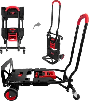 Folding Hand Truck, Portable Dolly Cart with Rubber Wheels and Retractable Handle, 2 in 1 Design 264lbs Capacity Hand Cart Foldable for Transportation/Luggage/Mobile/Travel/Office Use